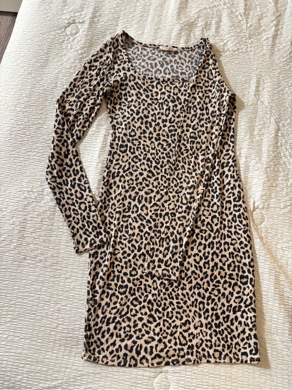 Leopard Print Long Sleeve Bodycon Dress - Beige/Black